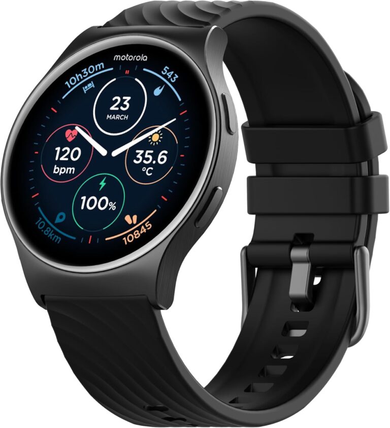 Motorola Moto Watch 120 – Premium Bluetooth Smartwatch with AMOLED Display, 10-Day Battery, Heart Rate & SpO2 Tracking, Fitness & Health Monitoring, Compatible with Android and iPhone – Phantom Black